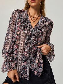 Freevana Áo kiểu nữ cổ điển dáng suông họa tiết hoa nhí xếp nếp, phong cách boho mùa thu, họa tiết paisley đồng quê, lãng mạn miền Tây. - Nhiều màu - Xem 2