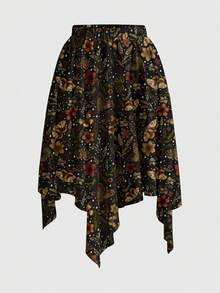 ROMWE Fairycore Spring/Summer Vacation Flower Hippie Romantic Floral, Butterfly & Star Asymmetrical Hem Gothic Dark Style Women Skirt - Black - View 1
