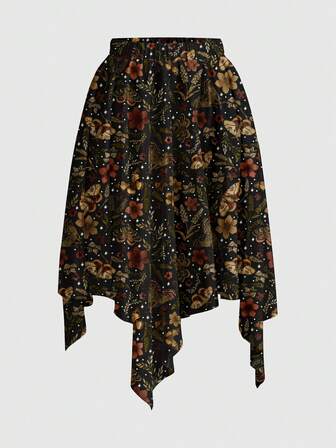 Fairycore Falda de mujer estilo gótico oscuro con estampado romántico de flores, mariposas y estrellas, y bajo asimétrico hippie