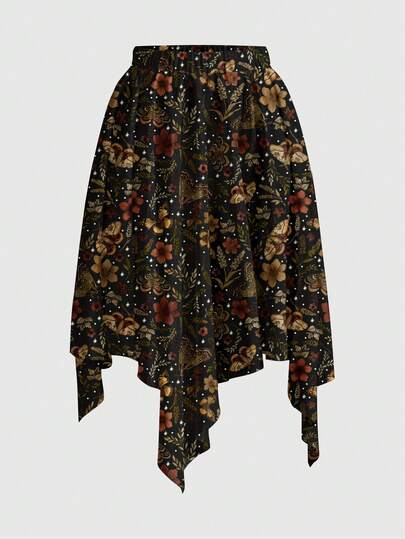 Fairycore Hippie romantischer Blumen-, Schmetterlings- und Stern-asymmetrischer Saum Gothic Dark Style Damen Rock
