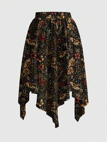 ROMWE Fairycore Spring/Summer Vacation Flower Hippie Romantic Floral, Butterfly & Star Asymmetrical Hem Gothic Dark Style Women Skirt - Black - View 2