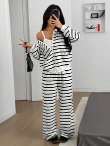 SHEIN EZwear 女士落肩拉链黑白条纹针织连帽衫和裤子休闲运动套装 - 白色 - 查看 5