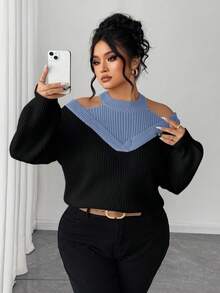 SHEIN Elenzya Women's 2 In 1 Off-Shoulder Contrast Color Sweater - Blue - View 4
