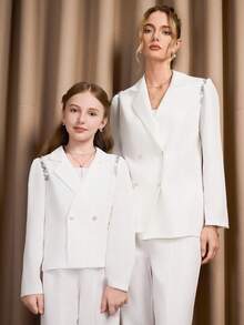 SHEIN Girls' Elegant White Suit Set With Handmade Crystal Decor, Suitable For Daily Wear And Commuting - White - View 5