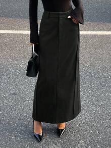 Livesso 女士休闲纯色直筒长裙，秋冬款 - 黑色 - 查看 3