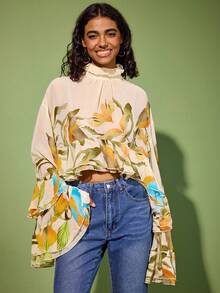 Felipe Marques Floral Print Casual Elegant Dignified Sexy Bohemian Country Style Chiffon Blouse, Suitable For Daily Wear, Travel, Vacation, Date, Party, Christmas, Valentine's Day - Multicolor - View 3