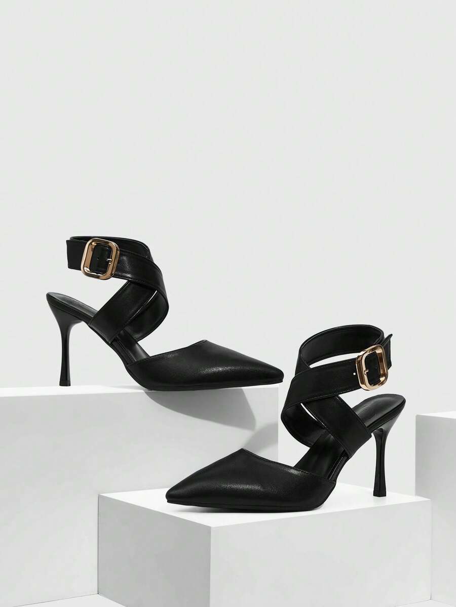 CUCCOO SZL Women's Pointed Toe Buckle Design Fashionable High Heels, Versatile For Daily Wear - Black - View 1