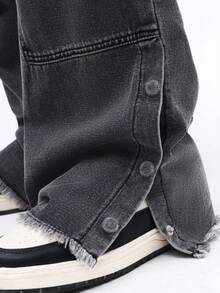 SUMWON Loose Fit Flare Carpenter Jeans With Applique Details And Frayed Hem For Relaxed Street Style Plain - Blue - View 6