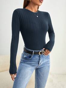 Siren Gaze Casual Solid Color Knitted Bodysuit, Autumn Summer,Fall,Fall Clothes For Women Blue - Navy Blue - View 3
