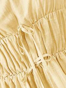 Siren Gaze 秋季新款褶皱抽绳超长喇叭袖A字连衣裙，自然色，舒适宽松休闲秋冬长款女装 - 黃色 - 查看 6