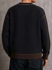 Manfinity Hypemode Men's Black Knitted Sweater, Casual Men's Sweater For Autumn/Winter Striped Men Casual Men Sweater, Long Sleeve Top - Black - View 2