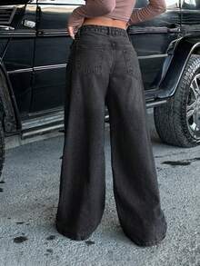 SHEIN PETITE LOW WAIST WIDE LEG DENIM JEANS - Dark Wash - View 2