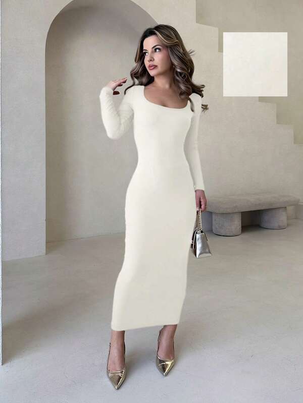 Jemour Autumn Wear Solid Color Square Neck Tight Black Long-Sleeved Dress,White Dresses Classy Elegant,Fall Dresses For Women