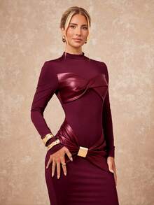 Lumalex Đầm ôm sát người cổ đứng bằng da giả, phối họa tiết xoắn và trang trí kim loại dành cho nữ. - Màu Đỏ Sâu - Xem 6