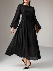 Heiryn 女士优雅纯色灯笼袖收腰长连衣裙，秋季 - 黑色 - 查看 5