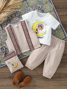 SHEIN Baby Boy Beige Summer Cute Birthday Outfit Moon Print T-Shirt,Pants,Vest & Bag Full Set,Arabic Islamic Clothing Saudi Traditional Dress Party Wear - Multicolor - View 2