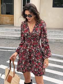 Serisse Women's Casual Vacation Floral Print V-Neck Lantern Sleeve Ruched Waist Short Dress, Spring/Autumn,Casual Dresses For Women, Floral Dress For Women ,Casual Dress For Women ,Beach Dress For Women ,New Year Clothes; Holiday Resort - Multicolor - View 6