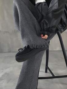 FRIFUL 女士长款休闲纯色毛衣裤，裤脚带流苏 - 灰色 - 查看 1