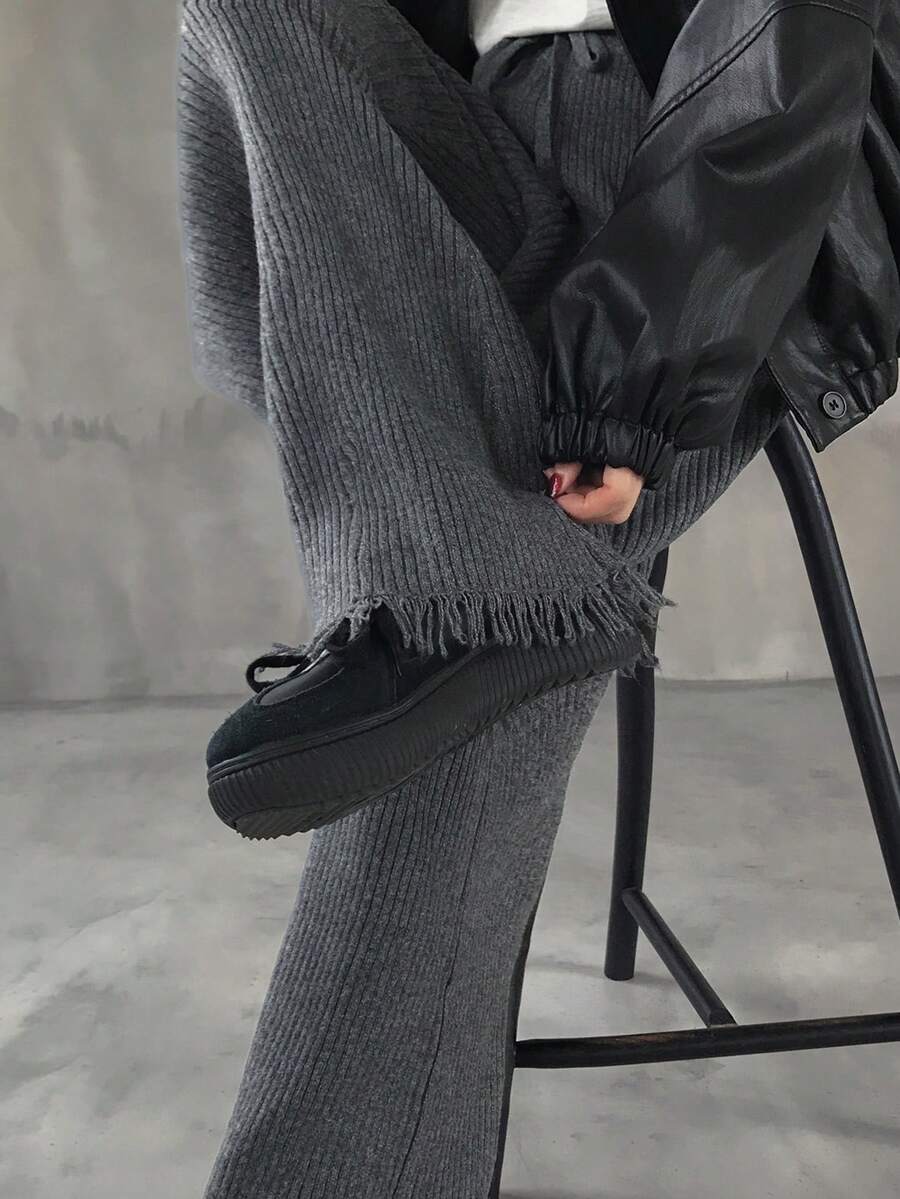 FRIFUL 女士长款休闲纯色毛衣裤，裤脚带流苏 - 灰色 - 查看 1