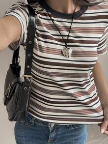 Livesso Áo thun cổ tròn tay ngắn kẻ sọc thường ngày dành cho nữ, mùa thu - Cà phê nâu - Xem 7