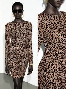 SHEIN LUNE Robe moulante mini à manches longues imprimé léopard, tissu floqué léopard, taille ajustée, détail froncé robe imprimé guépard pour femmes. Robe imprimé animal femme, robe imprimé léopard, robe imprimé guépard - Multicolore - Voir 8