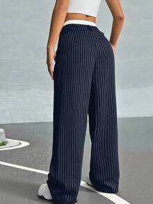 SHEIN EZwear 秋冬季女士褶裥条纹阔腿西装裤，撞色腰带设计