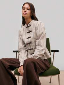 Nöista Elegant Striped Blouse-Style Jacket With Contrast Black Fastenings And A Tailored Fit. A Sophisticated Piece That Blends Modern Chic With Timeless Detail. - Baby Blue - View 4