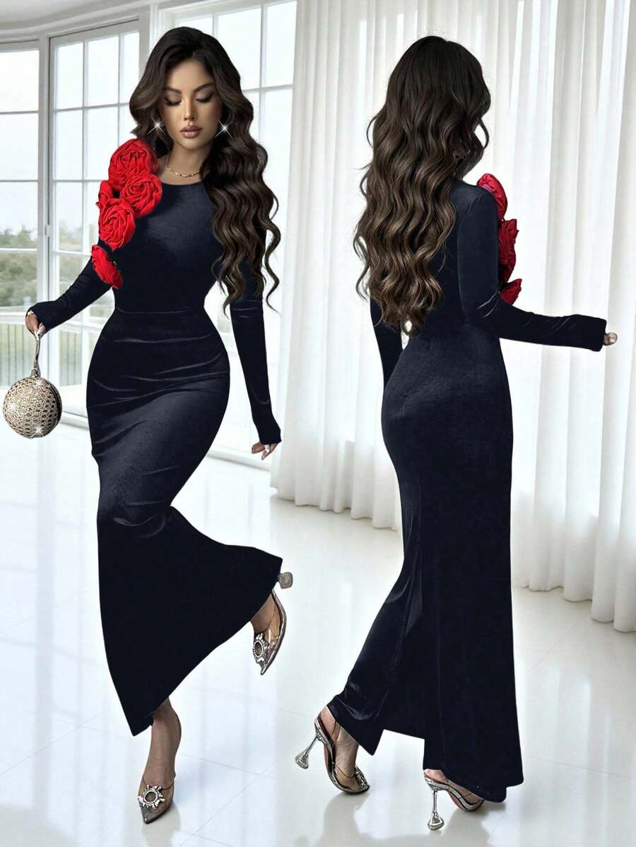 Rafferiza 女士秋冬圆领3D立体花卉丝绒修身收腰长裙，优雅适合假日、派对、圣诞晚宴 - 藏蓝色 - 查看 1