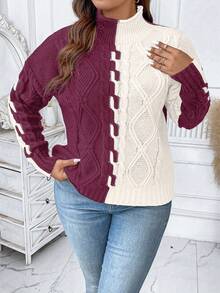 EMERY ROSE Plus Size Women High Neck Color Block Long Sleeve Casual Commuter Sweater, Autumn/Winter - Redwood - View 3