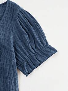 SHEIN VCAY Plus Size Women's Summer Square Neck Short Puff Sleeve Casual Shirt - Blue - View 5