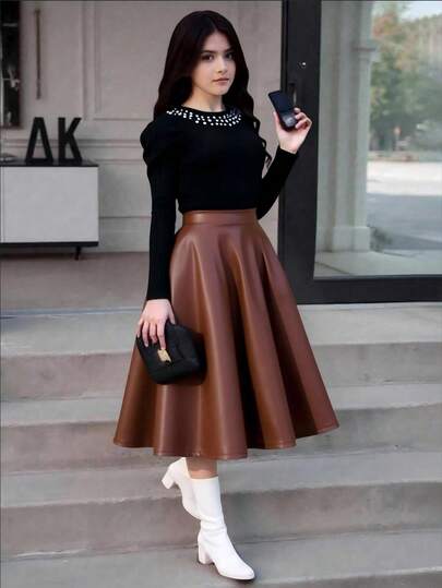 SHEIN Girls Elegant Vintage Pearl Decor Puff Sleeve Knit Sweater + Leather A-Line Flared Skirt Set
