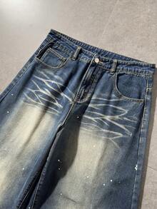 ROMWE MEN Street Life 男士撞色口袋休闲时尚阔腿牛仔裤 - 藍色 - 查看 6