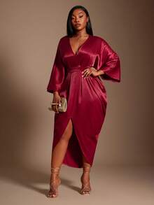 SHEIN SXY Plus Size Solid Color Deep V-Neck High Slit Sexy Dress - Red - View 2