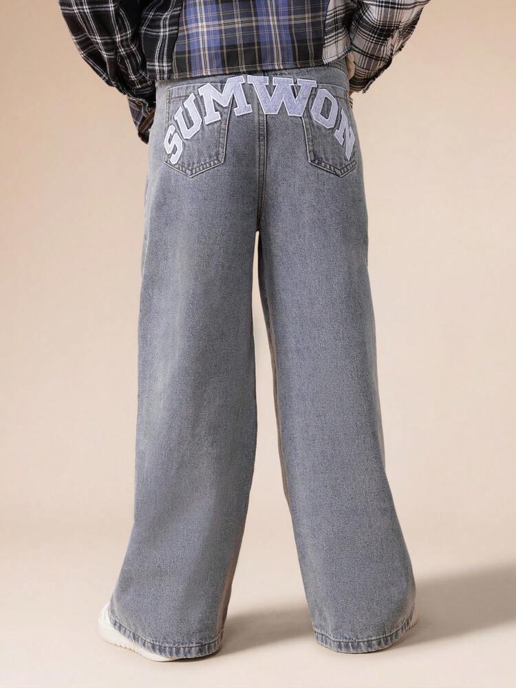 Wide Leg Denim Jeans With Back Text