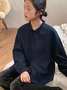 Dazy Kids 少女宽松休闲纯色长袖衬衫，秋季款 - 藏蓝色 - 查看 6