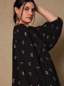 SHEIN LUNE 大码女式碎花V领灯笼袖宽松罩衫 - 黑色 - 查看 6