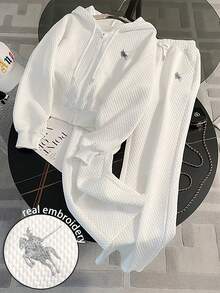 Resyla Embroidered Minimalist Hooded Zip-Up Sweatshirt Set, Gift For Friends - White - View 1