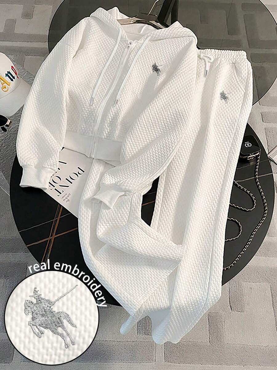 Resyla Embroidered Minimalist Hooded Zip-Up Sweatshirt Set, Gift For Friends - White - View 1