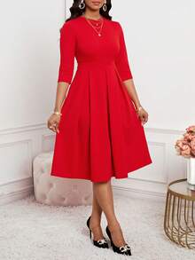 SHEIN Lady Valentine's Day Casual  Plus Size Solid Color Round Neck Raglan Sleeve Waist Tie Pocket Pleated Dress Valentine's Day Outfit Red Elegant Dress Women Half Sleeve Dress Red Wedding Guest Dress Solid Color Dress - Red - View 5