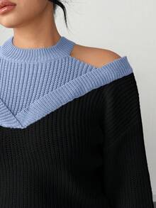 SHEIN Elenzya Women's 2 In 1 Off-Shoulder Contrast Color Sweater - Blue - View 6