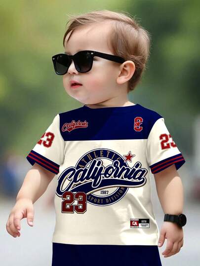 SHEIN Baby Boy Casual Minimalist Round Neck Short Sleeve Loose T-Shirt, Suitable For Spring/Summer, Classic Stylish Number 23 Print Baby Boy Casual Minimalist Round Neck Short Sleeve Loose T-Shirt, Suitable For Spring/Summer, Classic Color Block Print Baby Boy Casual Minimalist Round Neck Short Sleeve Loose T-Shirt, Suitable For Spring/Summer, Classic City Name Print