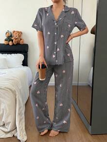 SHEIN 条纹爱心印花翻领短袖裤装女士睡衣套装 - 黑色 - 查看 3
