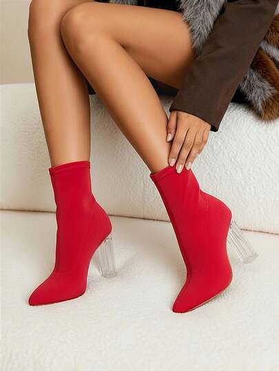 Daringsoles 女士秋冬时尚踝靴，浅杏色天鹅绒弹力水晶高跟靴，大码户外性感舒适厚水晶高跟靴