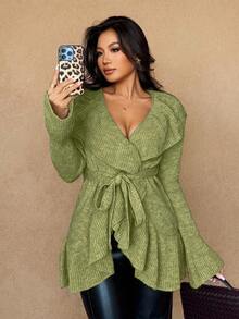 Islaluna Women's Basic Minimalist Elegant French Fashion Romantic Tie-Front Cardigan - Green - View 3