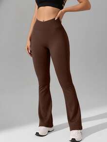 Easithlete Seamless Sports Yoga Flare 7/8 Leggings, High Waist Tummy Control Ruched Back, Moisture Wicking, Suitable For Fitness, Outdoor, Running, Cycling, Fashionable & Sexy Brown Flared Pants Boot Cut Yoga Pants Brown Legging Ribbed Leggings Flared Leggings Brown Yoga Pants - Coffee Brown - View 2