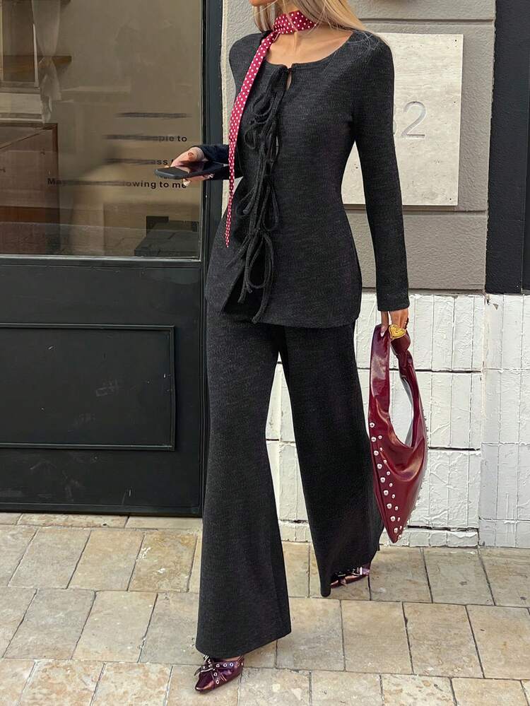 Women's Solid Color Front Tie Long Sleeve Top And Flare Pants Casual 2 Pieces Set