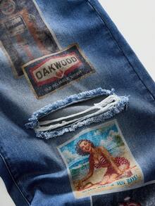 ROMWE MEN Street Life Men's Straight Leg Figure Print Distressed Wide Leg Jeans - Blue - View 4