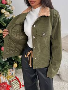 Rivivi Women's Casual Versatile Y2K Retro Corduroy Thermal Lined Thickened Regular Jacket - Green - View 6