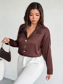 Firerie Plus Size Elegant Front Button Dropped Shoulder Long Sleeve Bodysuit, Suitable For Commuting, Autumn Brown Blouse Coffee Brown Top Office Blouse Brown Shirts For Women Business Casual Tops Woman - Coffee Brown - View 5