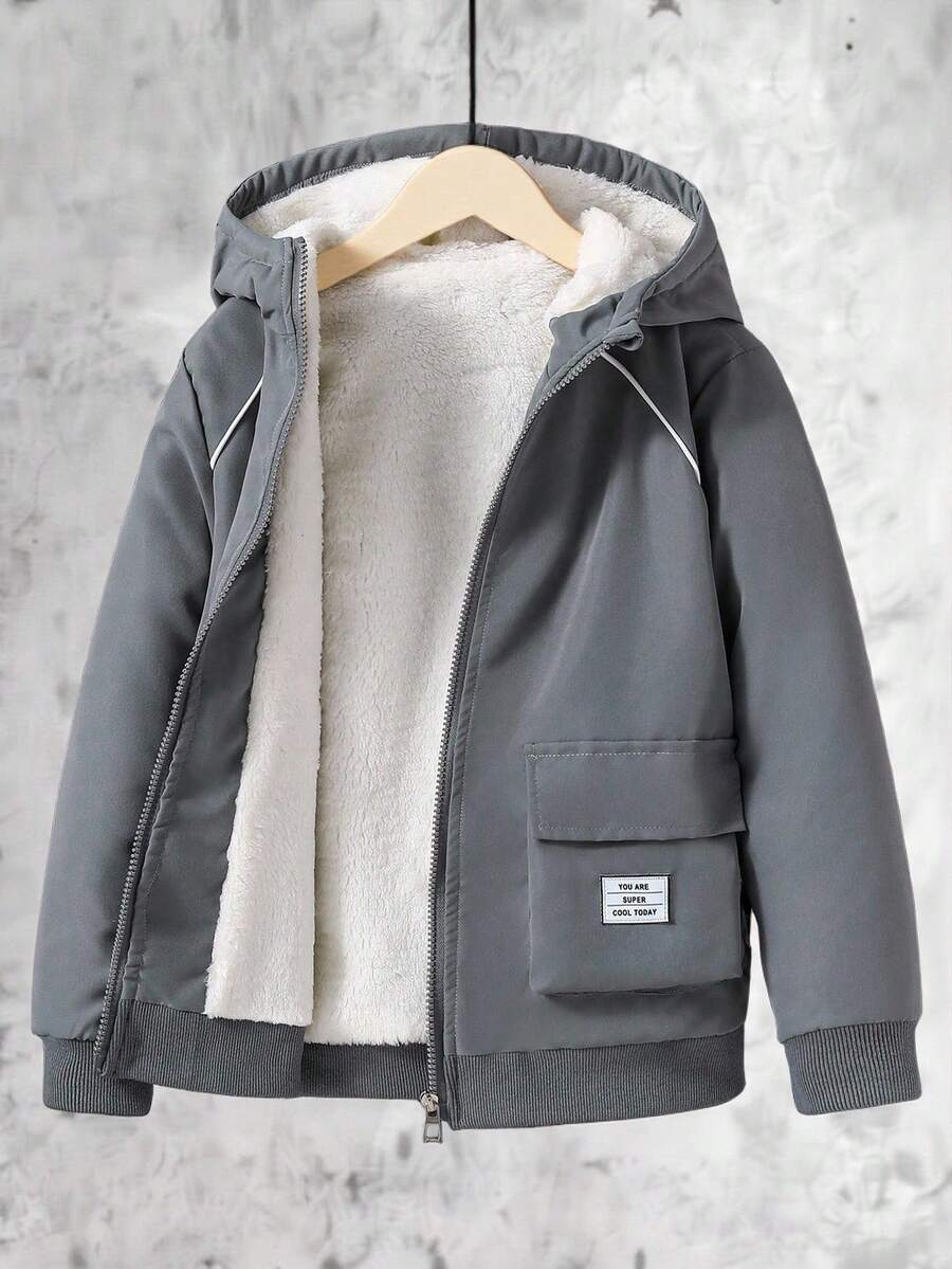 SHEIN Vacaura 男大童字母拼貼細節泰迪熊襯裡連帽夾克